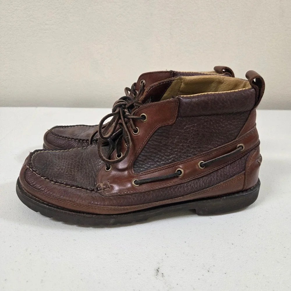 LL Bean Mens Brown Leather Chukka Boat Boots Moc Toe Lug Sole Size 11 D 214479